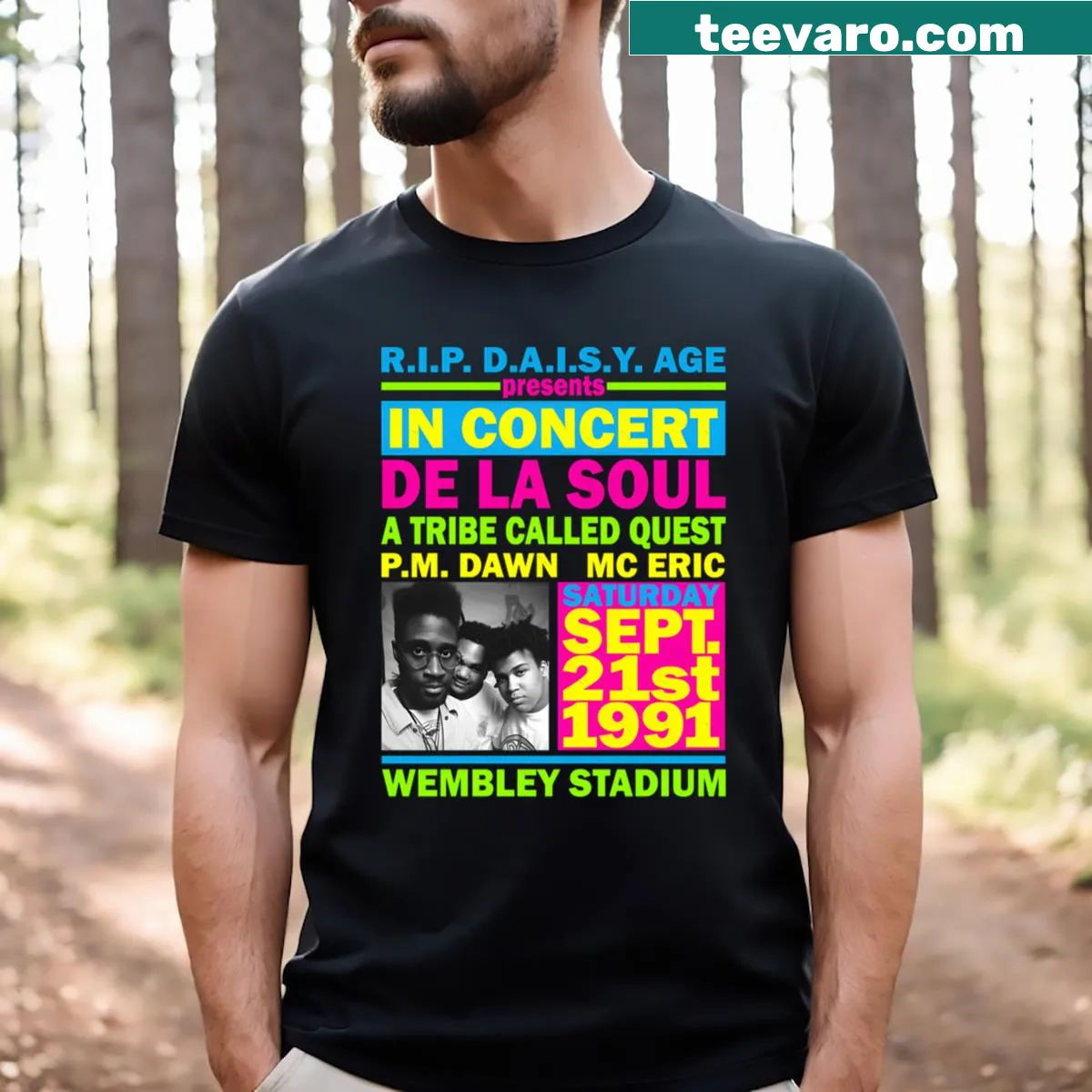 Typography t-shirt celebrating band tour membership — on a men's t-shirt