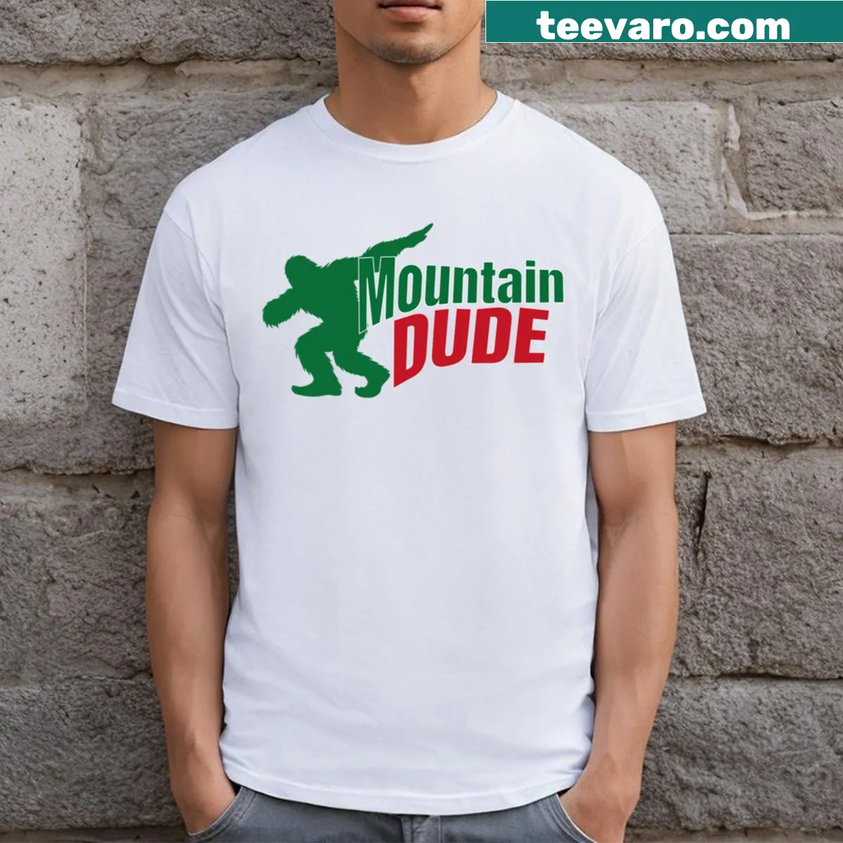 Funny cartoon Bigfoot hiking t-shirt for outdoor enthusiasts — on a men's t-shirt