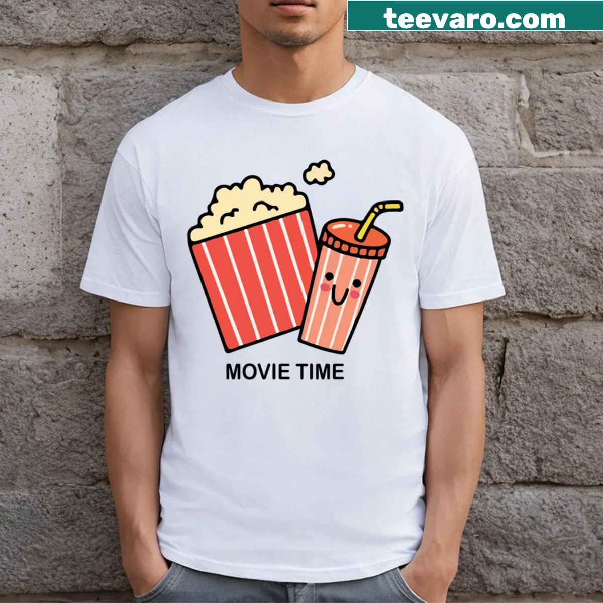 T-shirt featuring an illustration of popcorn and drink for movie lovers — on a men's t-shirt