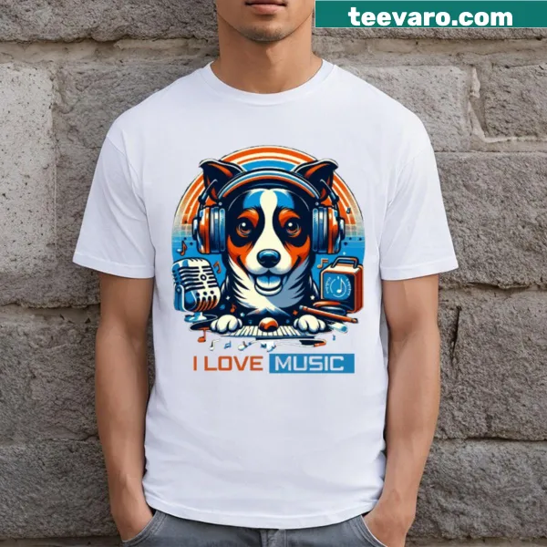 Cute T-shirt with a dog and musical notes graphic