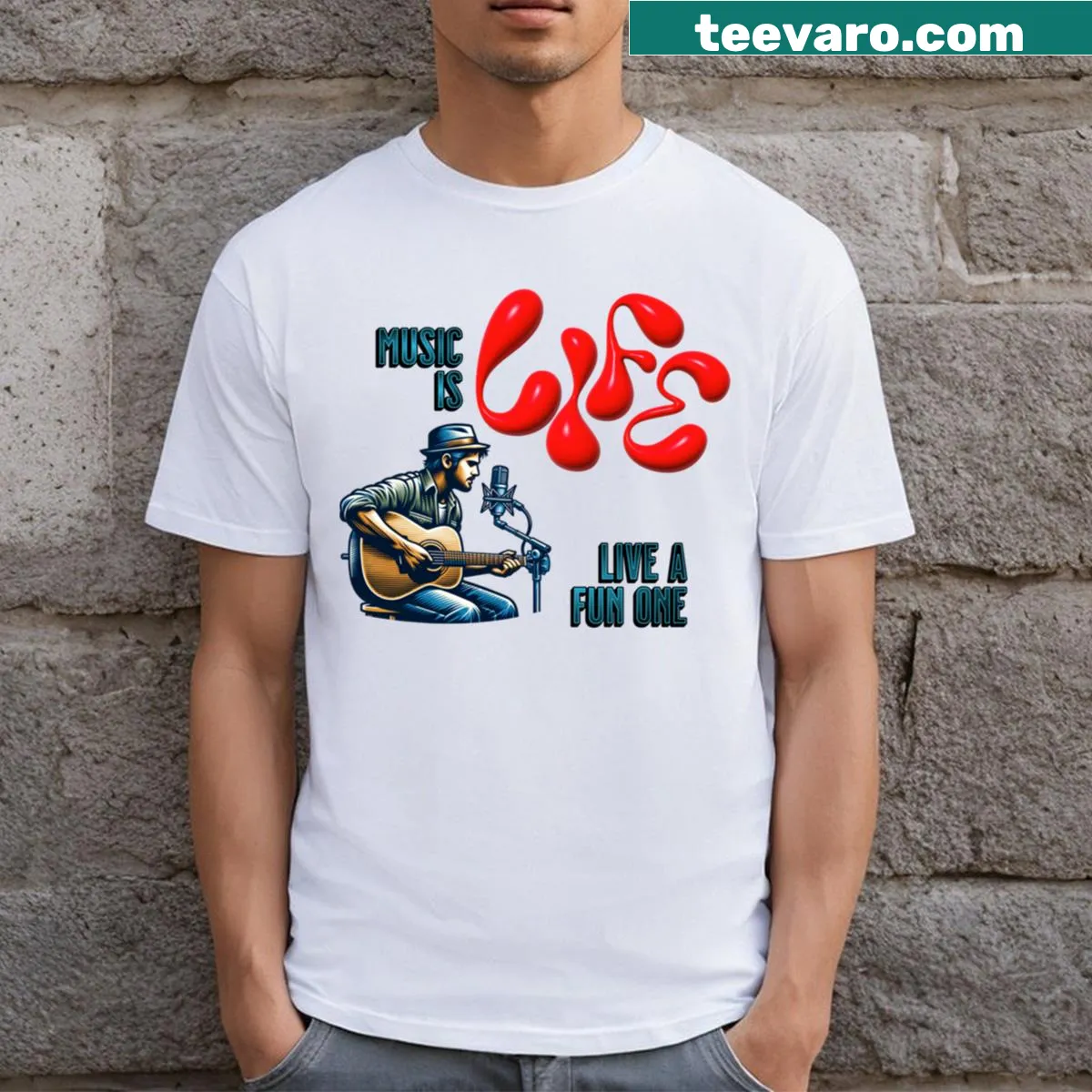 Inspirational T-shirt with a graphic stating 'Music Is Life' — on a men's t-shirt
