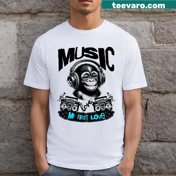 Nostalgic T-shirt with the phrase 'Music My First Love'