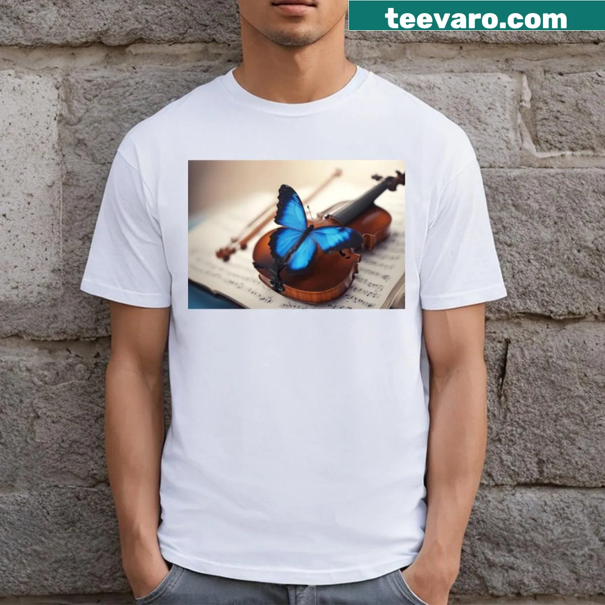 Illustrated T-shirt with a butterfly and violin design. — on a men's t-shirt