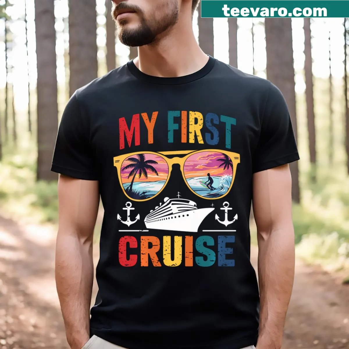 T-shirt featuring 'My First Cruise 2024' with travel-themed illustrations — on a men's t-shirt