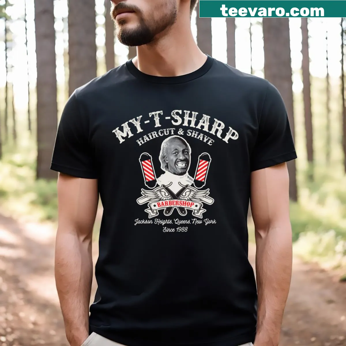 Barbershop-themed T-shirt with My T Sharp Barbershop And Shave Dks — on a men's t-shirt