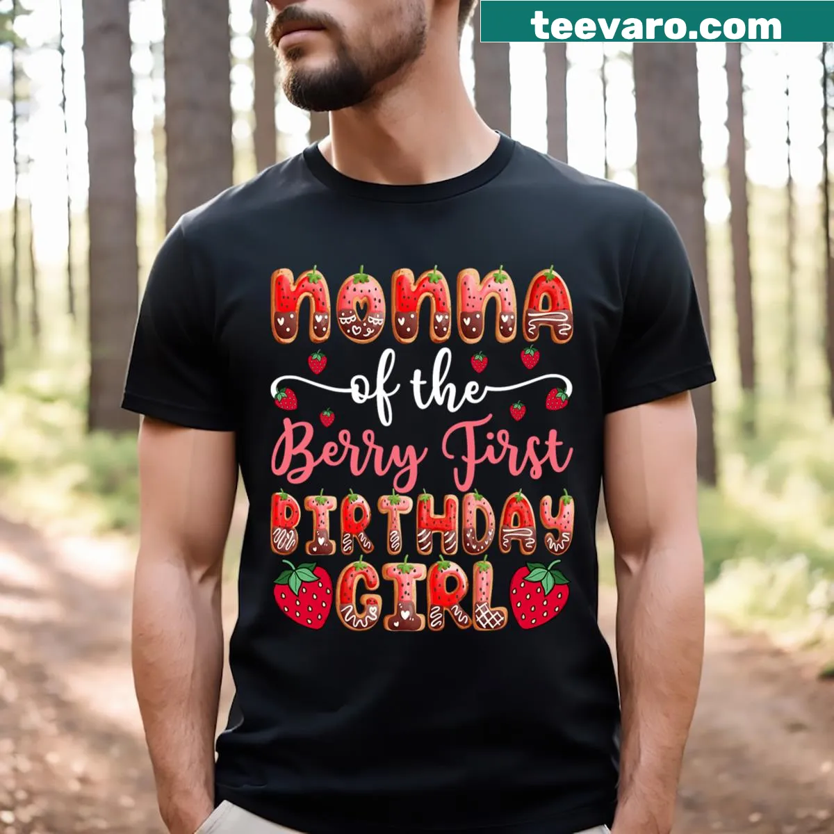 Cute birthday t-shirt for a first birthday girl with strawberries — on a men's t-shirt