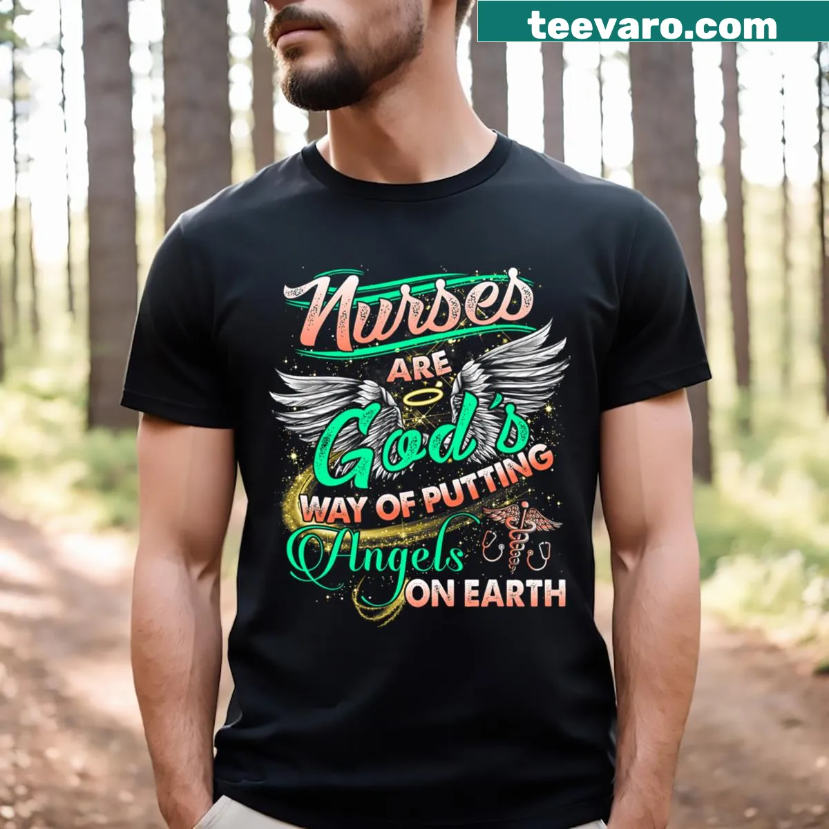 Inspirational t-shirt honoring nurses as angels in healthcare — on a men's t-shirt