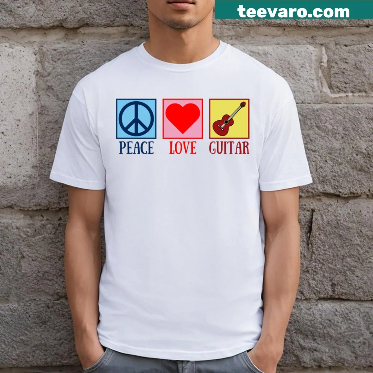 Music lover t-shirt with Peace Love Guitar text — on a men's t-shirt
