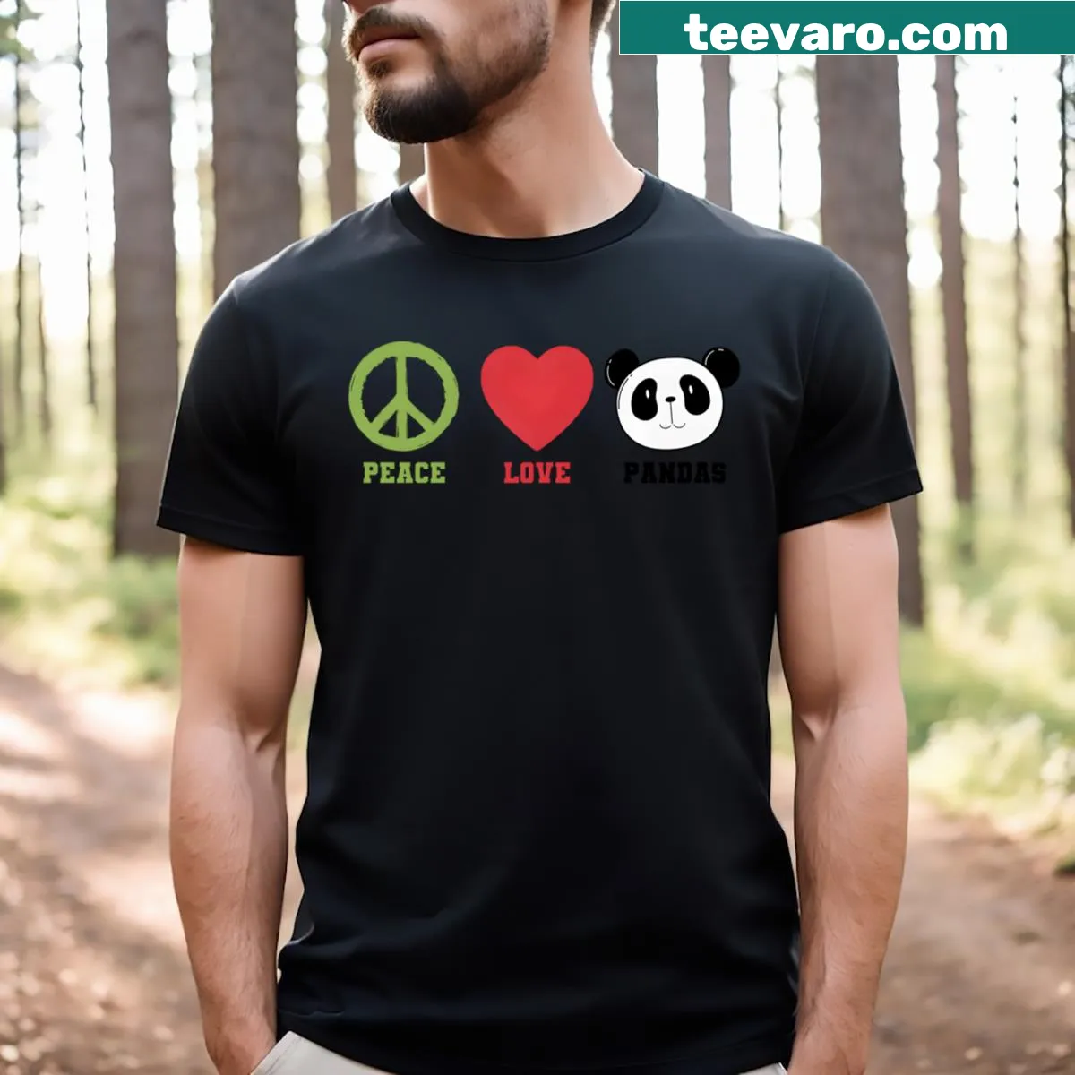 Cute T-shirt featuring playful pandas promoting peace and love — on a men's t-shirt