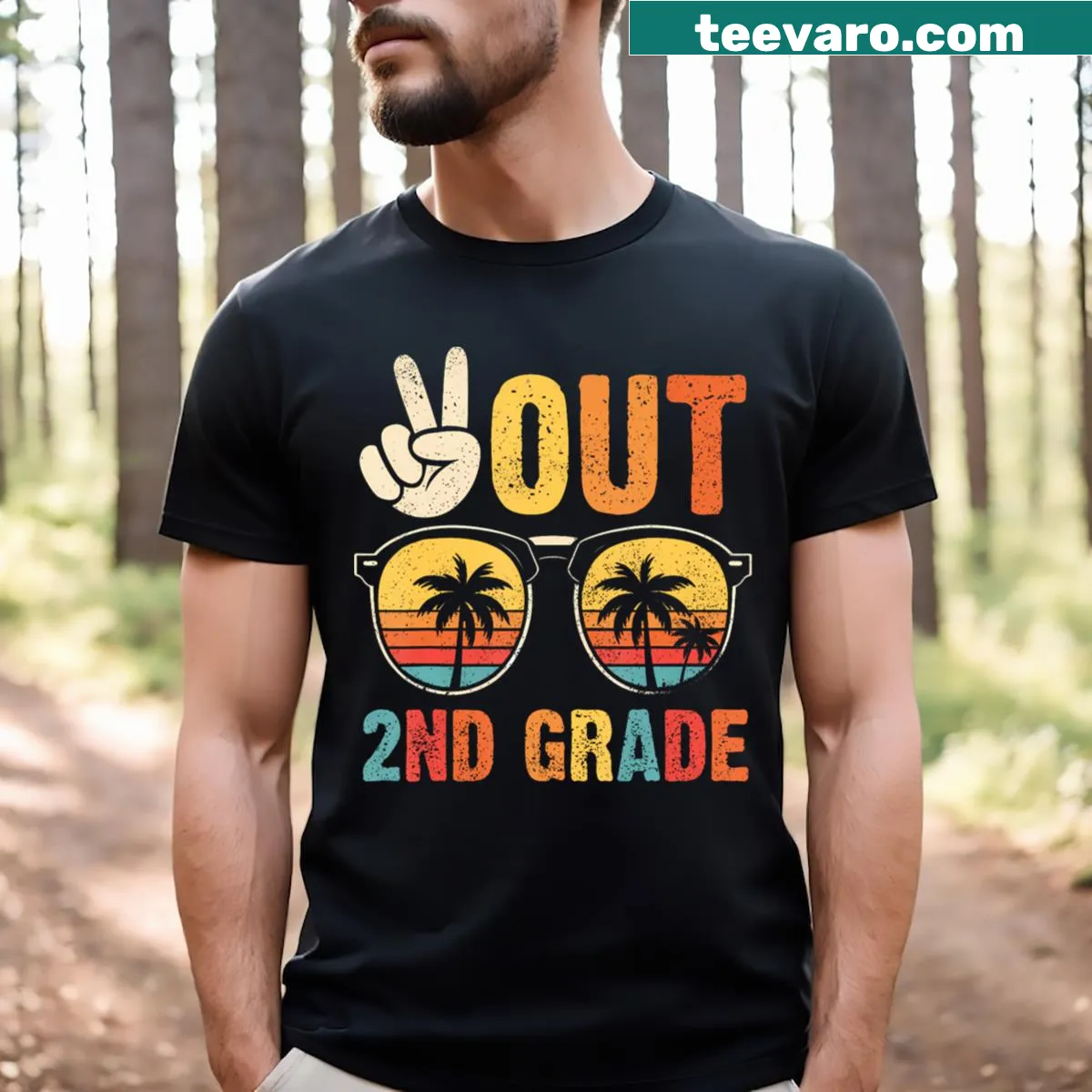 T-shirt for teachers saying 'Peace Out 2nd Grade' — on a men's t-shirt