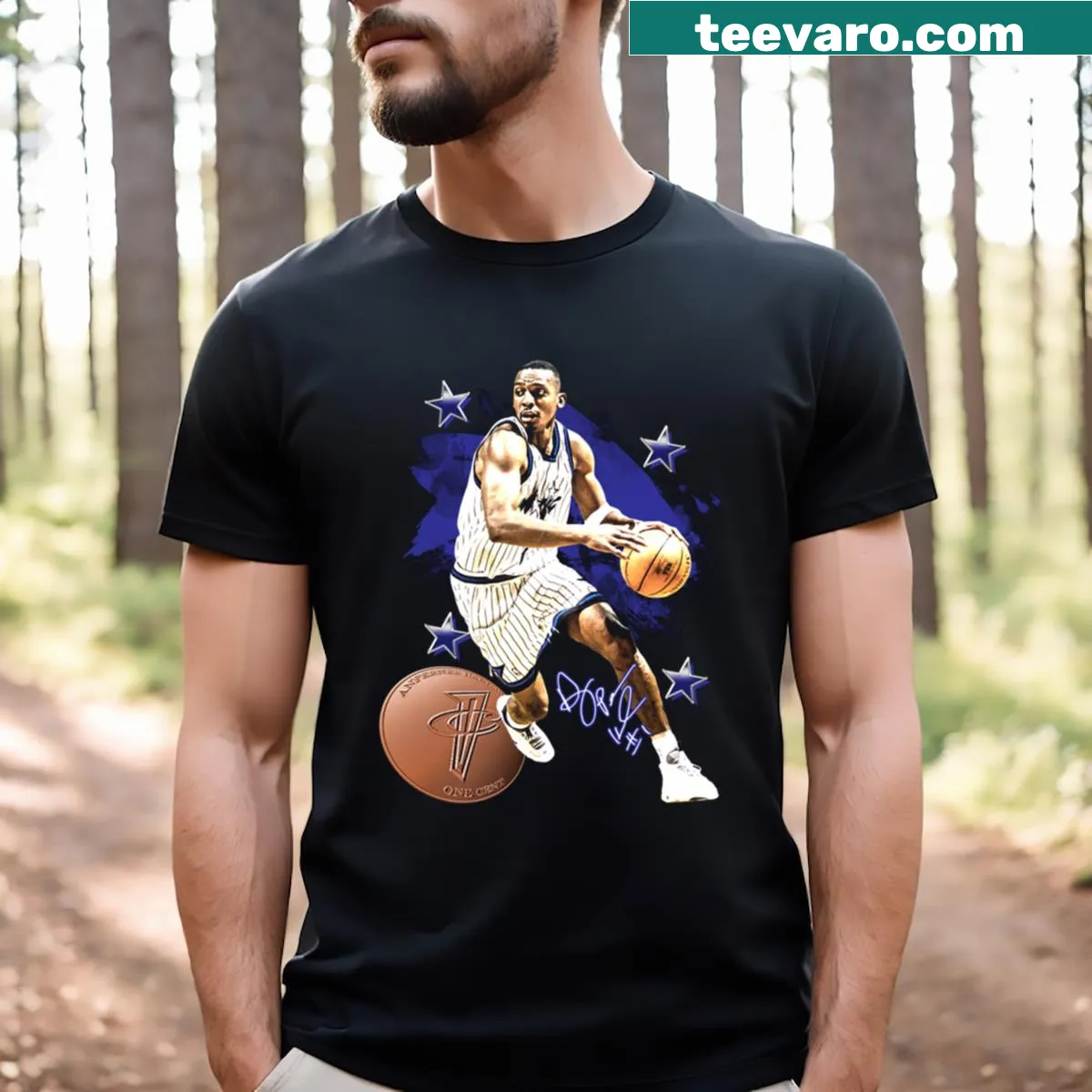 Graphic t-shirt featuring Penny Hardaway in superstar pose — on a men's t-shirt