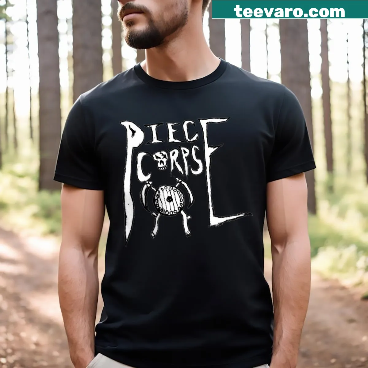 Bold Piece Corpse Shield logo graphic on a casual t-shirt — on a men's t-shirt