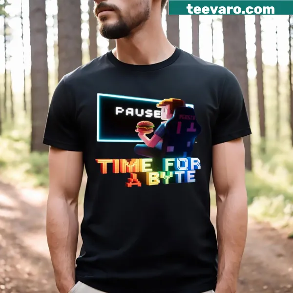 Retro gaming t-shirt with pixelated hamburgers and memes