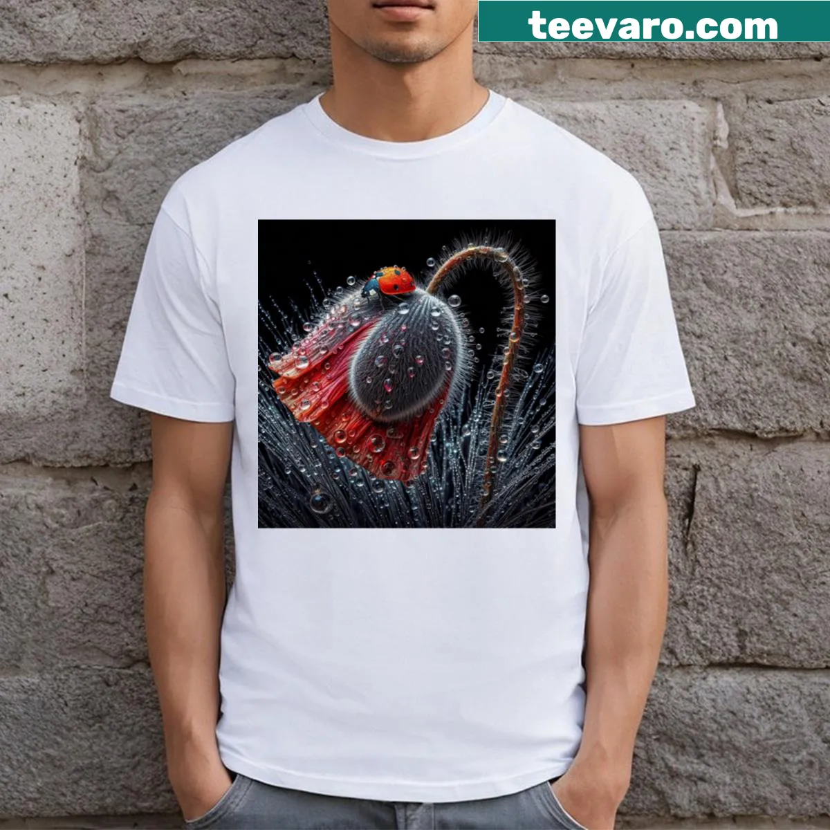 Illustration of poppies in the rain on a T-shirt — on a men's t-shirt