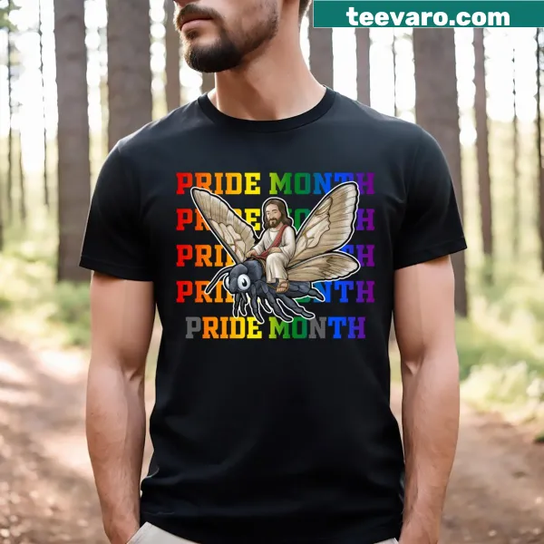 Illustrative moth with rainbow wings on a Pride-themed t-shirt