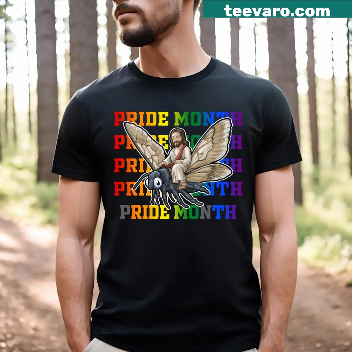 Illustrative moth with rainbow wings on a Pride-themed t-shirt — on a men's t-shirt