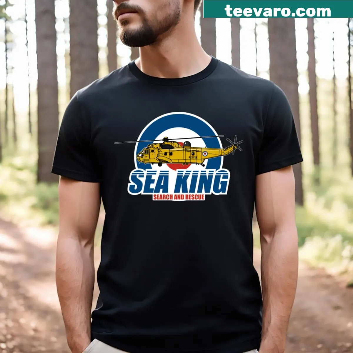Raf Sea King T-shirt featuring an illustration of the helicopter — on a men's t-shirt