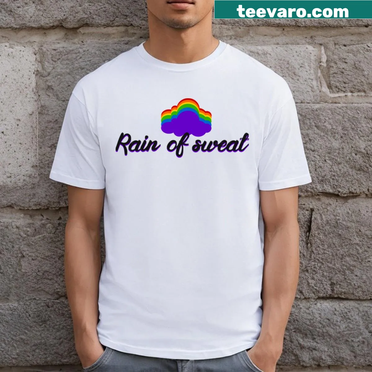 Rain Of Sweat T-shirt with a playful fitness-inspired phrase — on a men's t-shirt