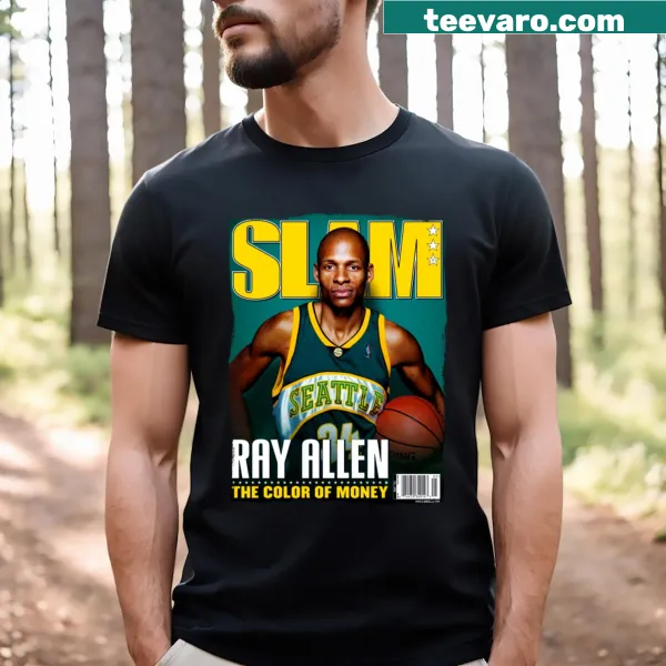 T-shirt featuring a powerful slam dunk graphic inspired by Ray Allen.