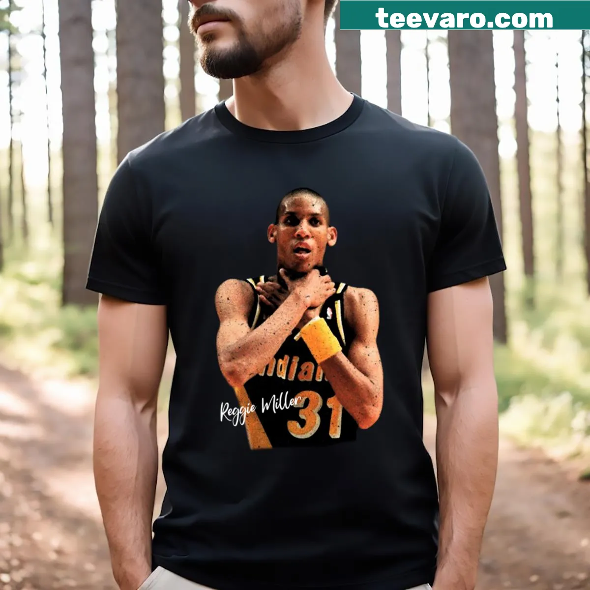 Vintage Reggie Miller t-shirt with retro-inspired basketball graphic — on a men's t-shirt