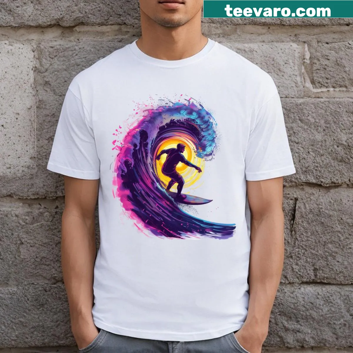 Surfer riding a neon wave illustration T-shirt — on a men's t-shirt