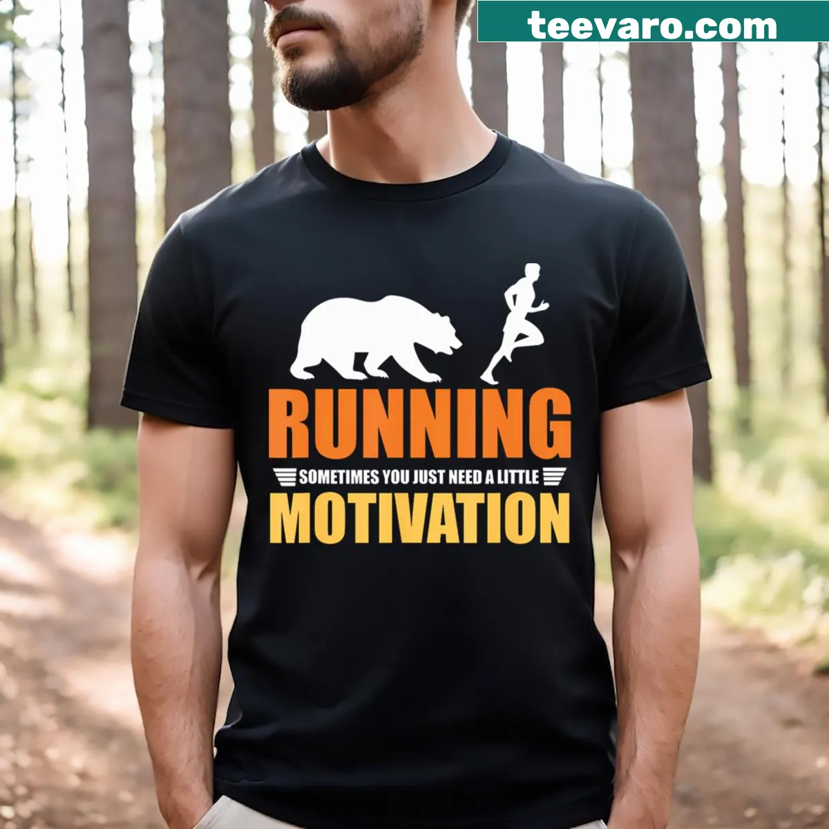 Illustrated bear chasing a runner on a humorous running shirt — on a men's t-shirt
