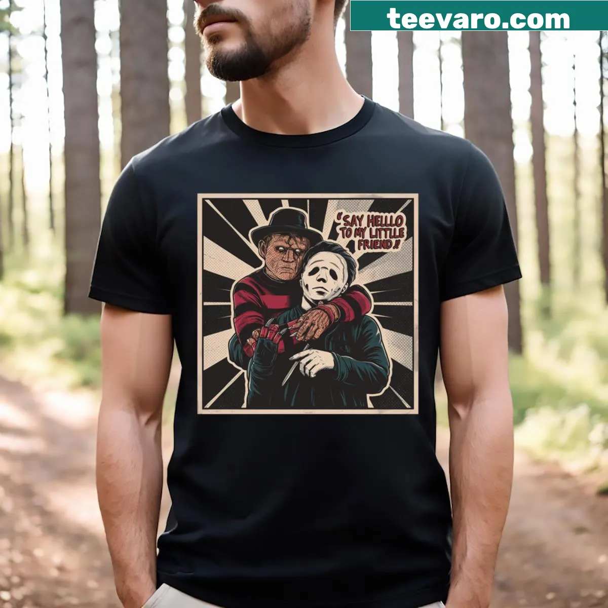 Funny horror-themed shirt with the text 'Say Helllo To My Little Friend' in bold typography — on a men's t-shirt