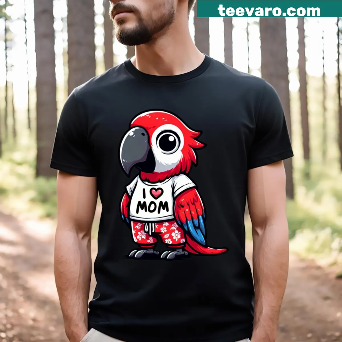 Illustrated t-shirt with a scarlet macaw and the phrase I Love Mom — on a men's t-shirt