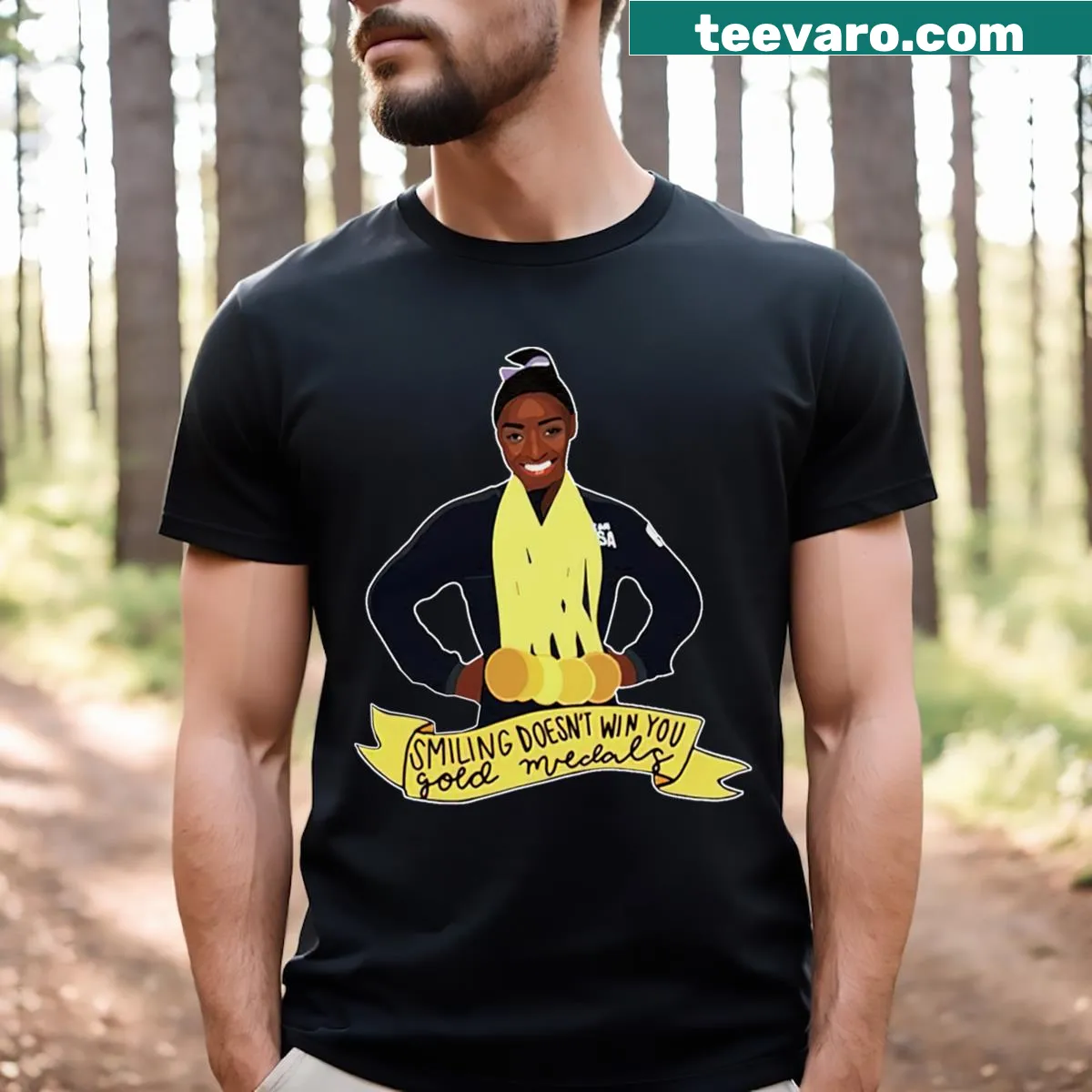 Inspirational text T-shirt featuring Simone Biles quote about winning — on a men's t-shirt
