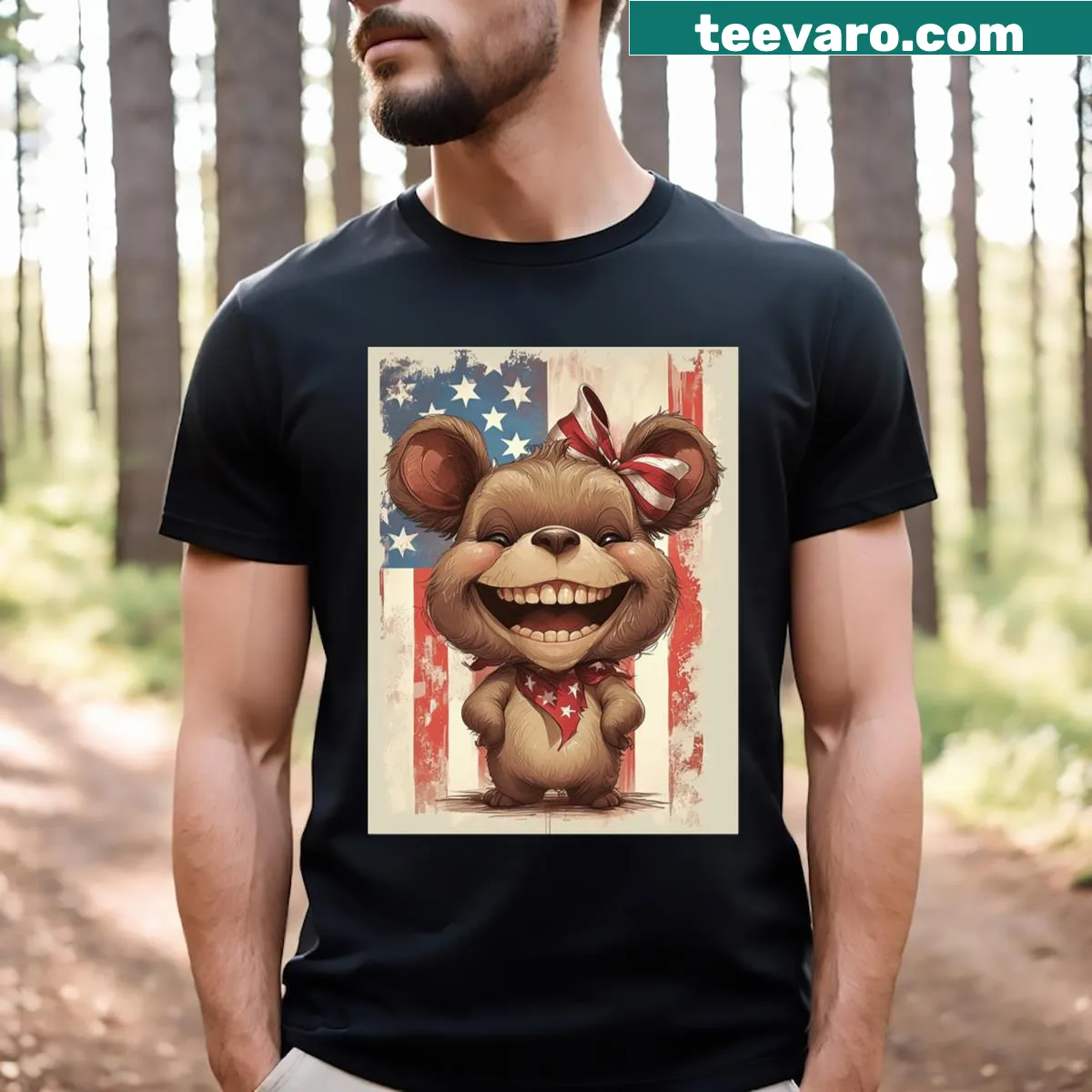 Cartoon bear with the American flag on a funny graphic t-shirt — on a men's t-shirt