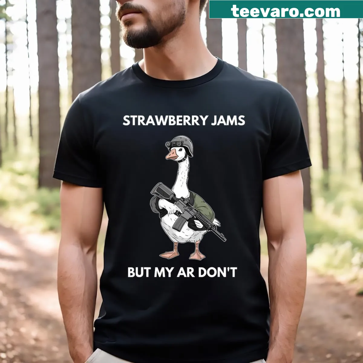 Funny t-shirt with the phrase 'Strawberry Jams But My Ar Dont Silly Goose' — on a men's t-shirt