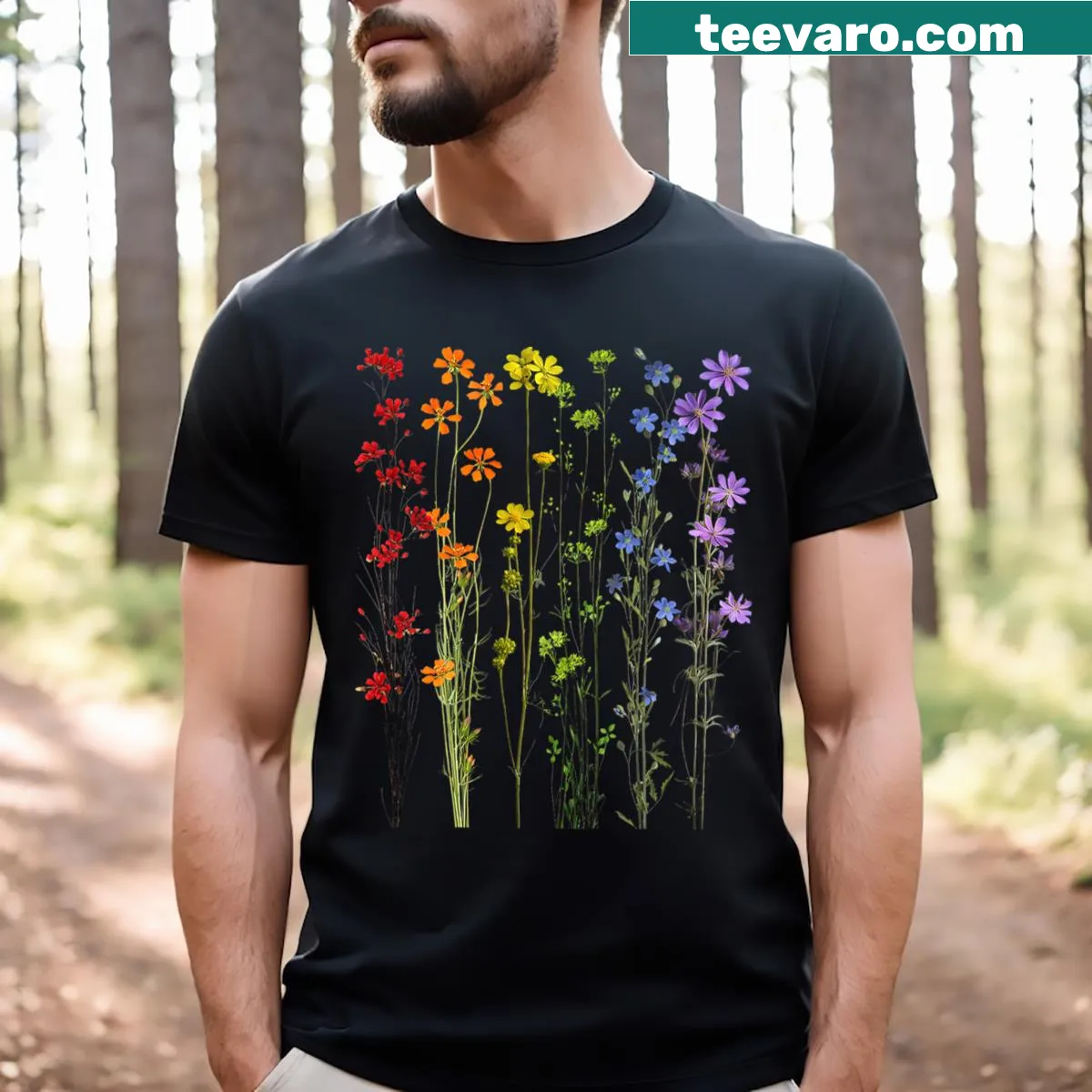 Colorful wildflowers and rainbow design for LGBTQ Pride Month — on a men's t-shirt