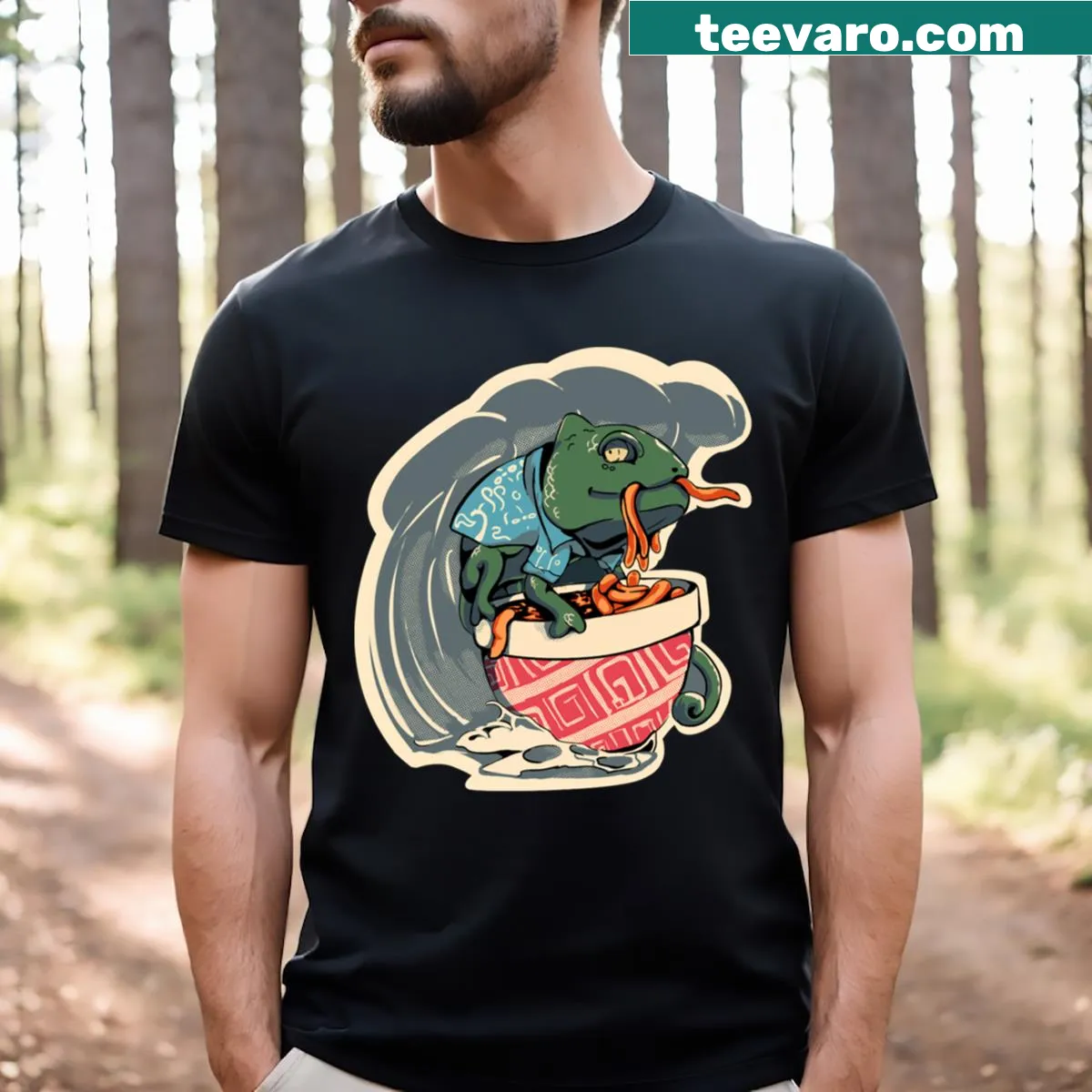 Cartoon chameleon with ramen in a summer wave design on a t-shirt — on a men's t-shirt