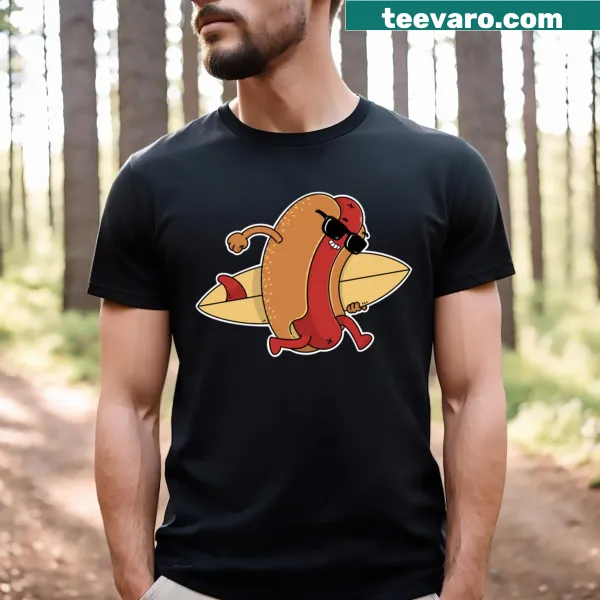 Cartoon hot dog surfing on a wave on a fun t-shirt