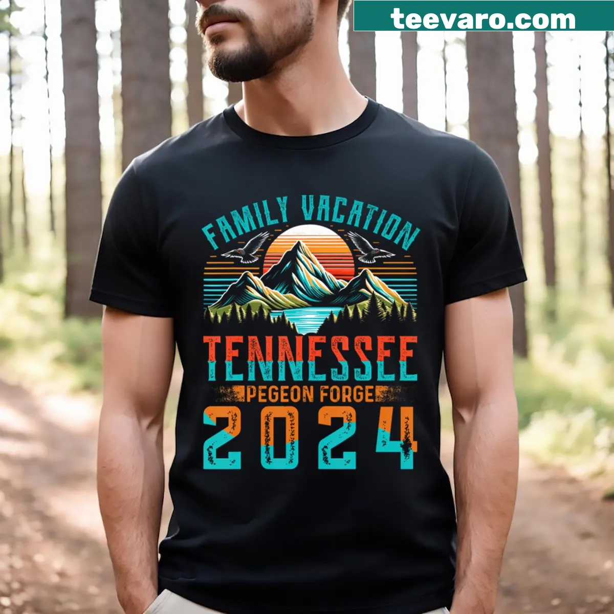 Tennessee Smoky Mountains graphic with 'Family Vacation 2024' text on a t-shirt — on a men's t-shirt