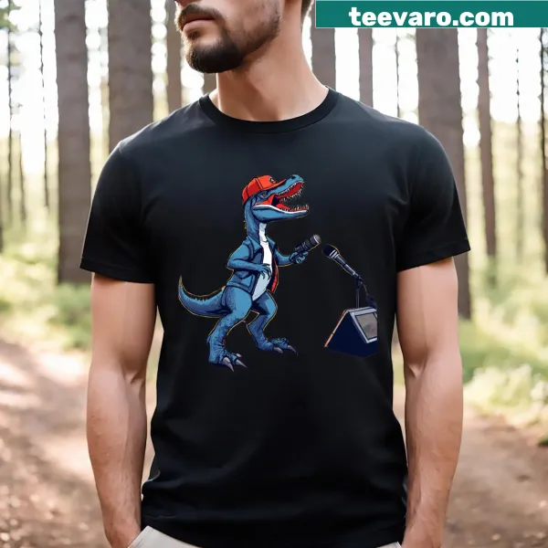 Illustrated dinosaur enjoying music on a fun concert-themed t-shirt