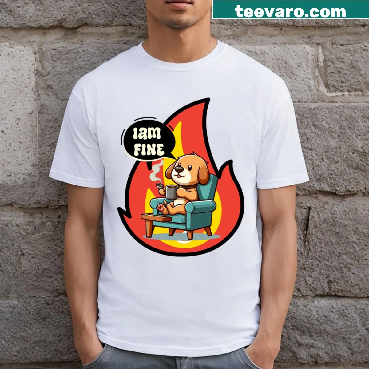 Funny meme dog-themed T-shirt with 'This Is Fine' text — on a men's t-shirt