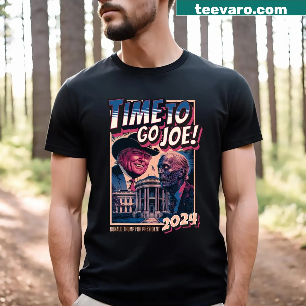 Funny Pro Trump 2024 t-shirt with 'Time To Go Joe' slogan — on a men's t-shirt