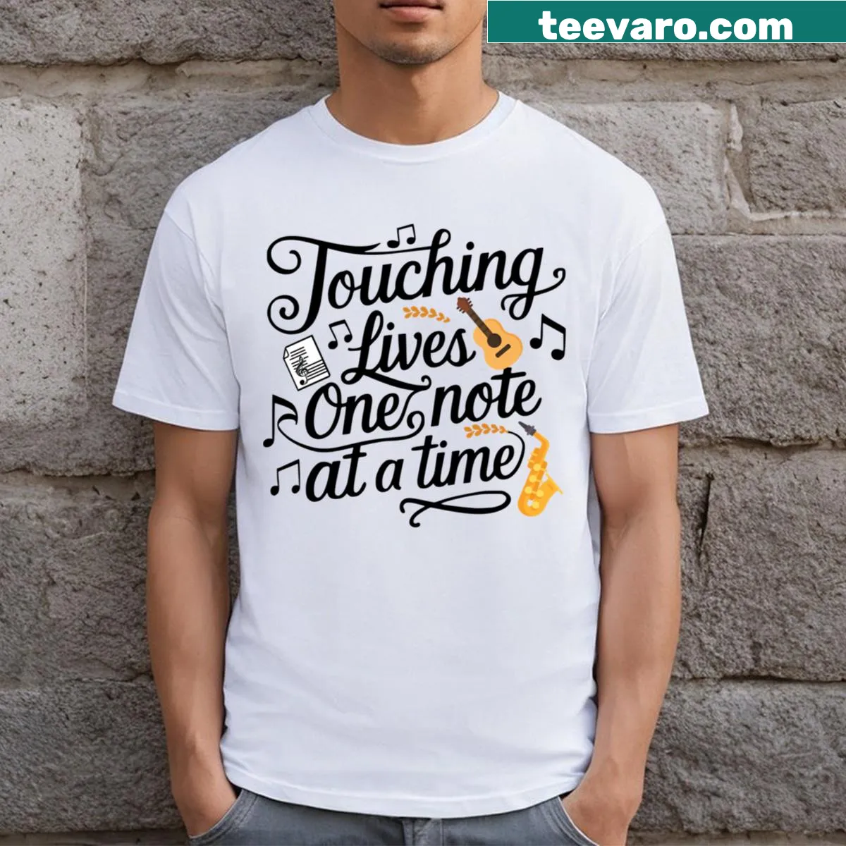 Black and white music teacher t-shirt with heartfelt message. — on a men's t-shirt