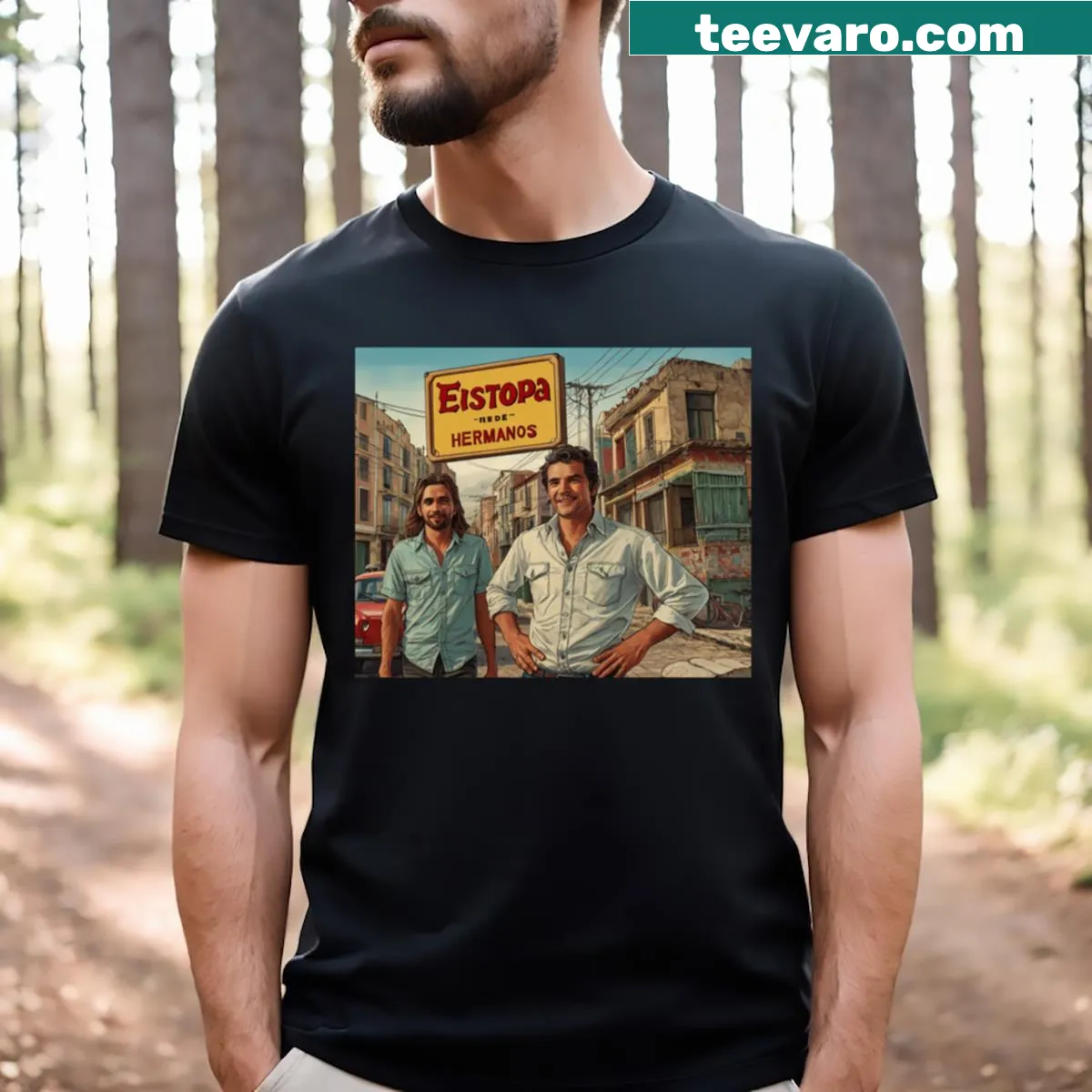 Illustrative T-shirt celebrating Spanish pop music — on a men's t-shirt