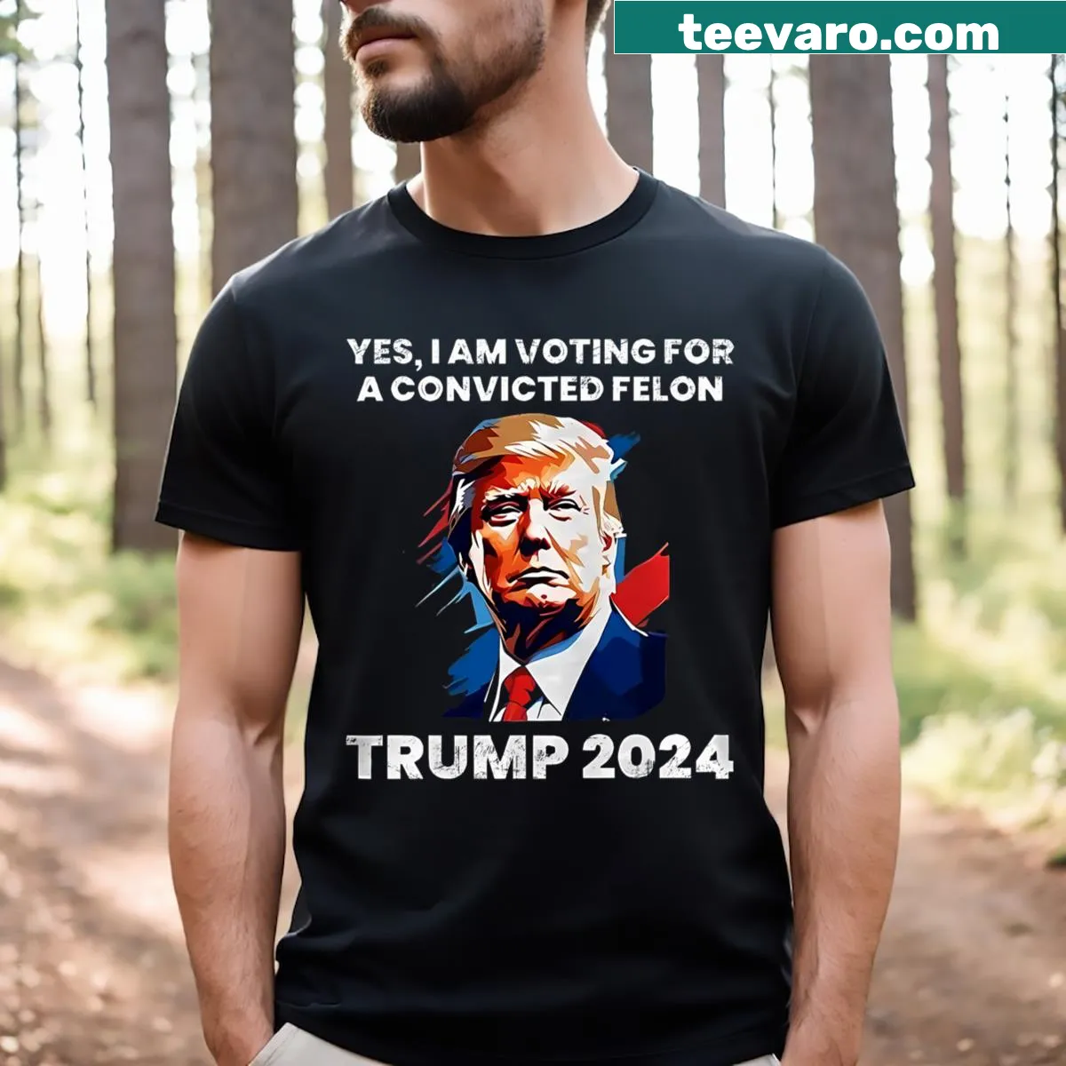 Bold political tee expressing support for a convicted felon — on a men's t-shirt