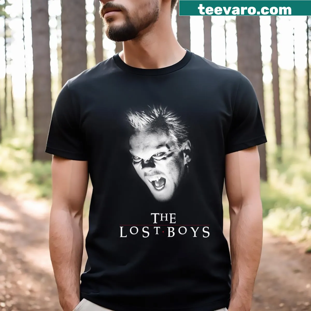 Vintage-style T-shirt with an 80s vampire graphic — on a men's t-shirt