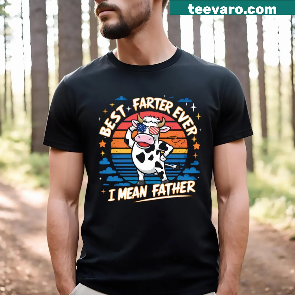 Funny cow meme T-shirt for fathers with the text Best Farter — on a men's t-shirt
