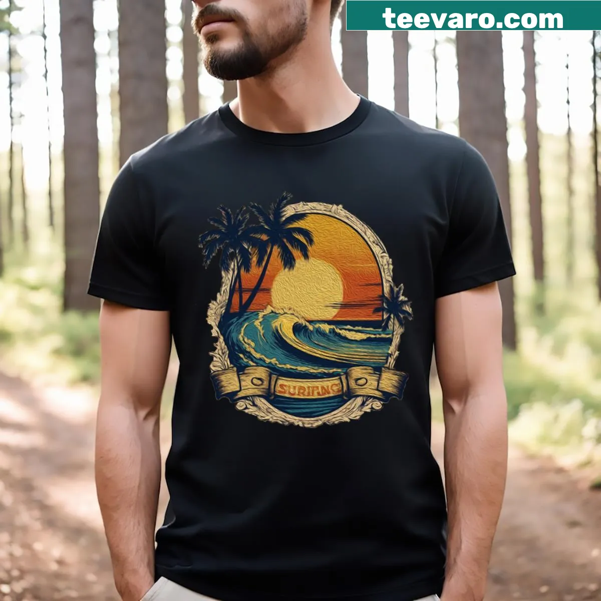 Vintage distressed T-shirt with palm tree design for surfers — on a men's t-shirt