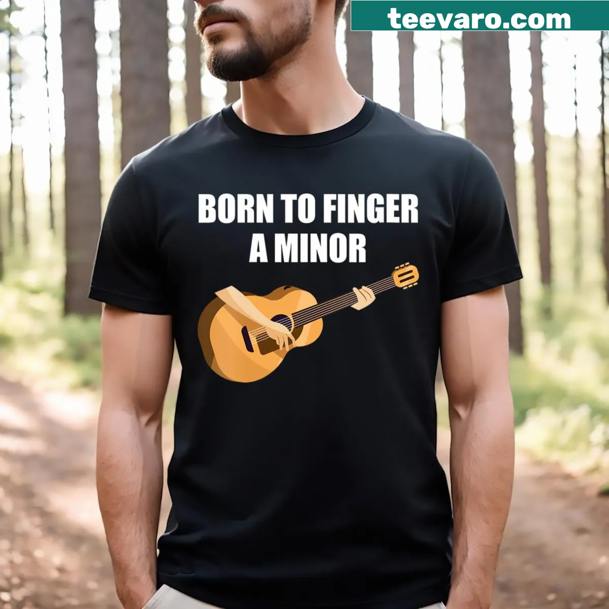 Playful guitar-themed women's v-neck t-shirt — on a men's t-shirt