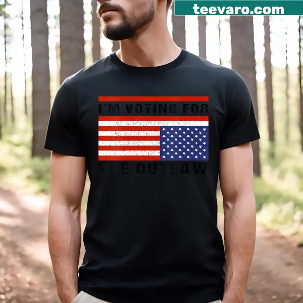 V-neck T-shirt with 'Im Voting The Outlaw' and American flag design