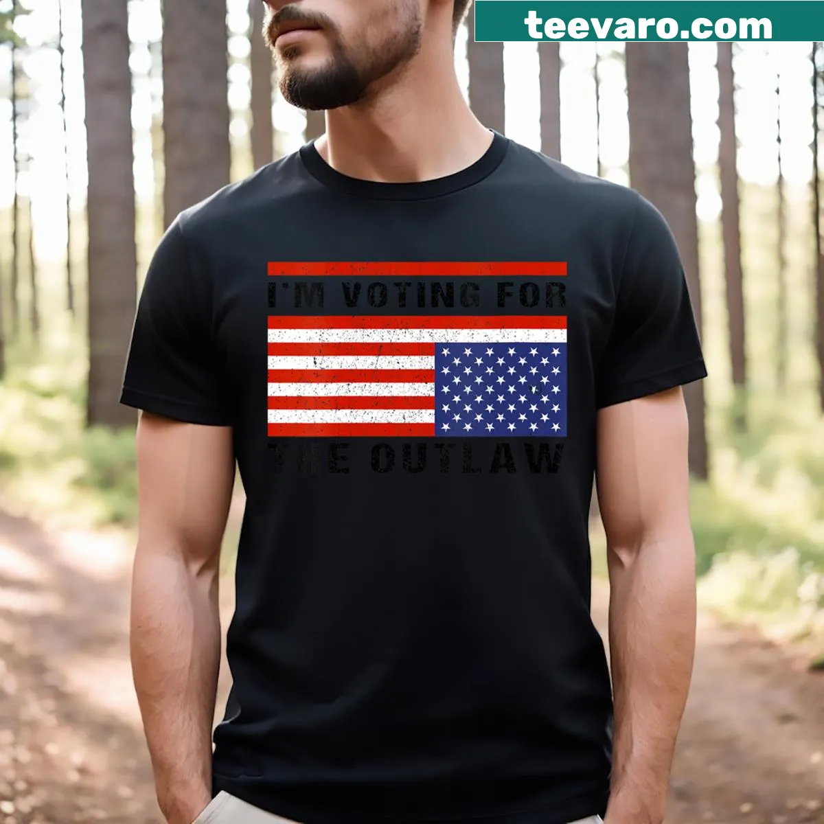 V-neck T-shirt with 'Im Voting The Outlaw' and American flag design — on a men's t-shirt