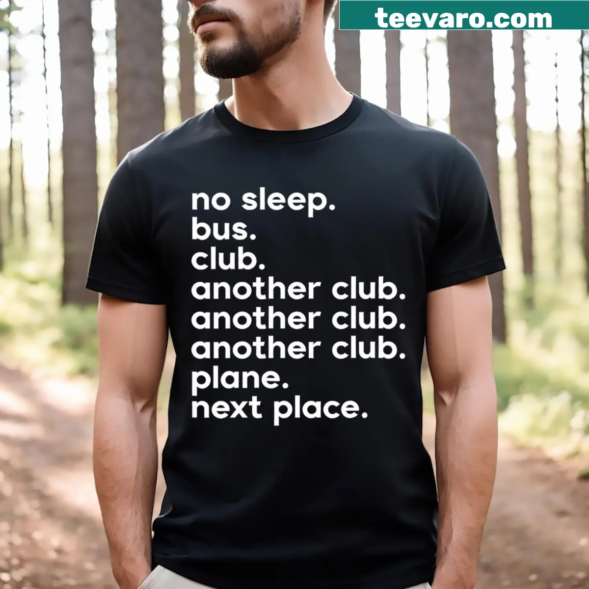 No Sleep Bus Club graphic on a women's V-neck T-shirt — on a men's t-shirt