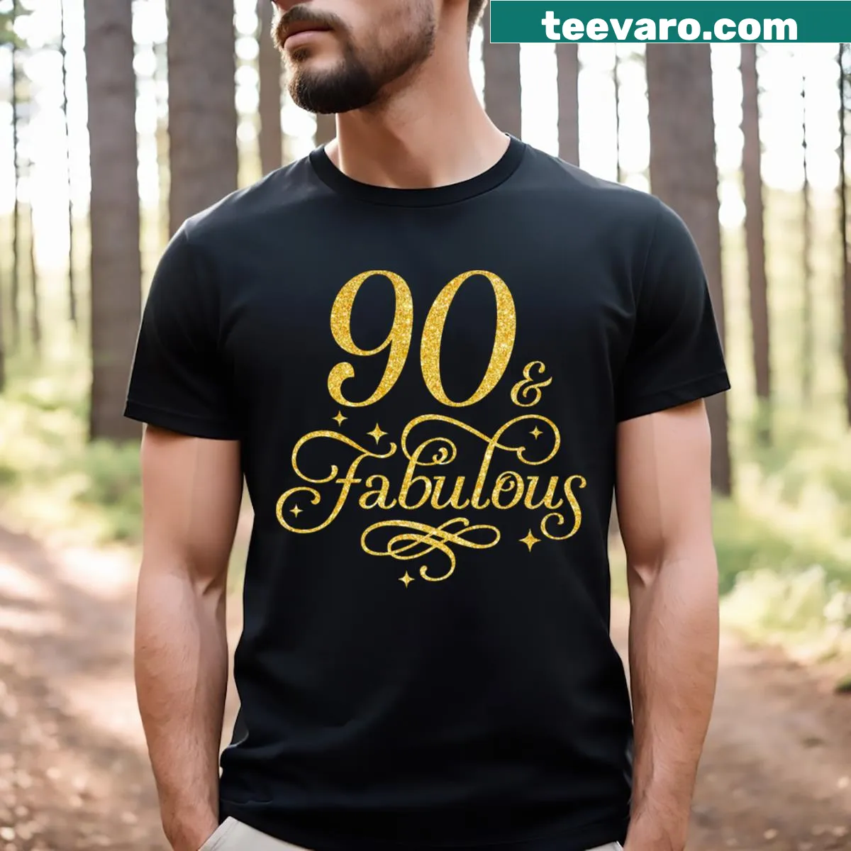 T-shirt celebrating 90th birthday with '90 and Fabulous' text — on a men's t-shirt