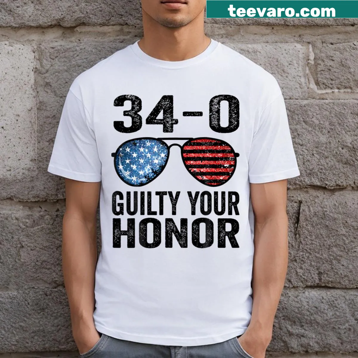 T-shirt with 'All 34 Felony Counts' text — on a men's t-shirt
